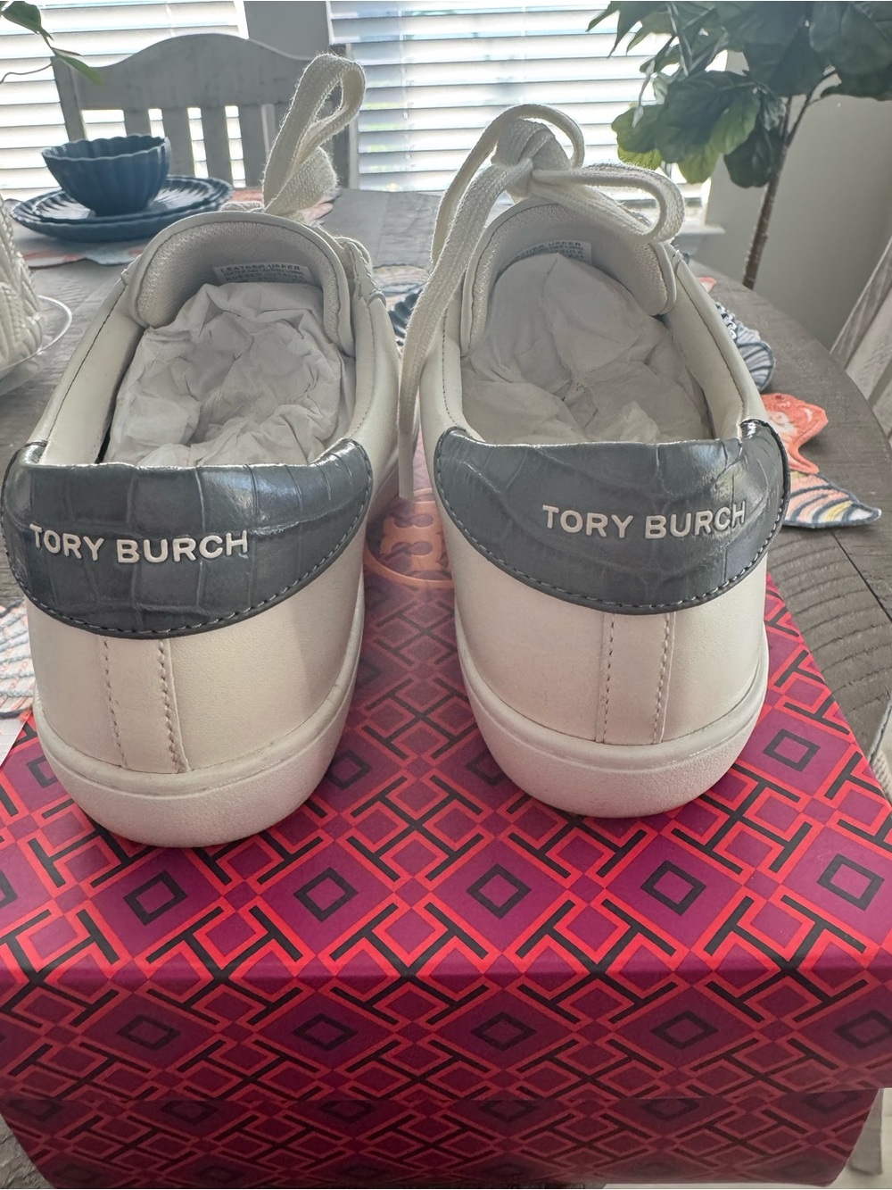 Tory Burch White Perforated Logo Leather Sneaker with Silver Heel Accent - Picture 5 of 7